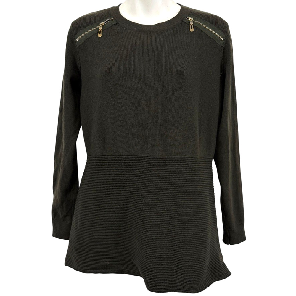 Neiman Marcus Olive Green Ribbed Zipper Shoulder Tight Knit Sweater Pullover S